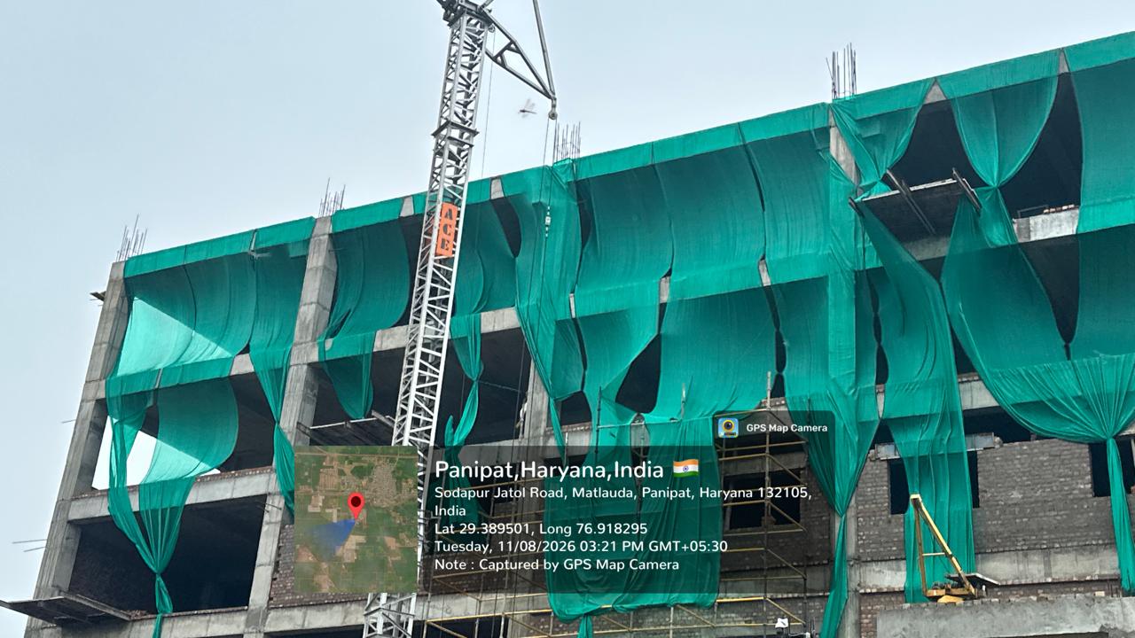 Hospital construction project in Panipat, Haryana with green-net dust control for HSPCB compliance